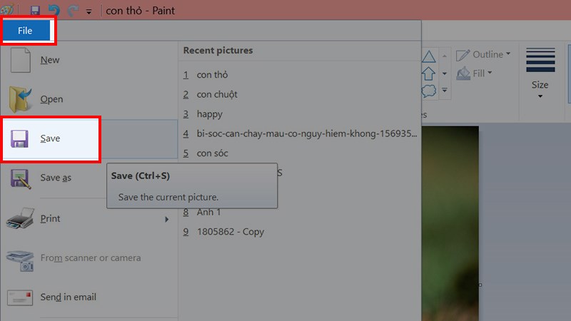 Chọn File > Chọn Save hoặc nhấn tổ hợp ph&iacute;m Ctrl + S để lưu ảnh về m&aacute;y
