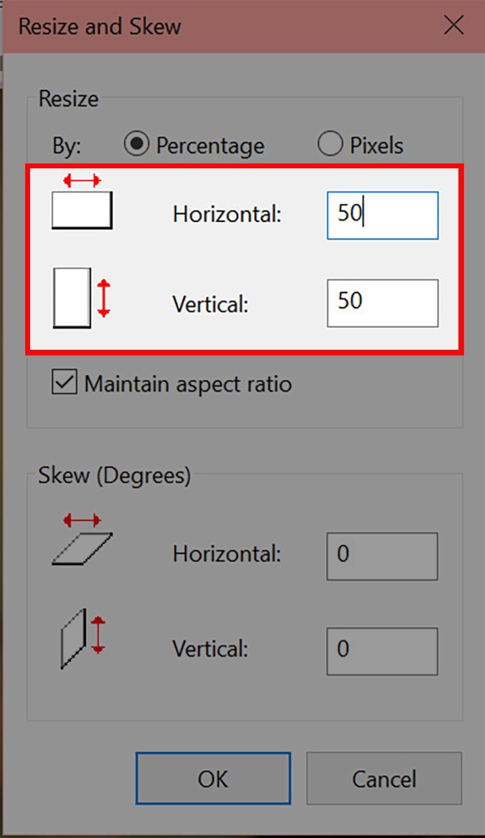 Điền tỷ lệ phần trăm m&agrave; bạn muốn ph&oacute;ng to hay thu nhỏ ảnh theo tỷ lệ phần trăm tương ứng