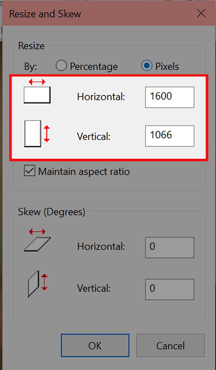 Điền tỷ lệ pixel m&agrave; bạn muốn cho ảnh theo độ ph&acirc;n giải tương ứng