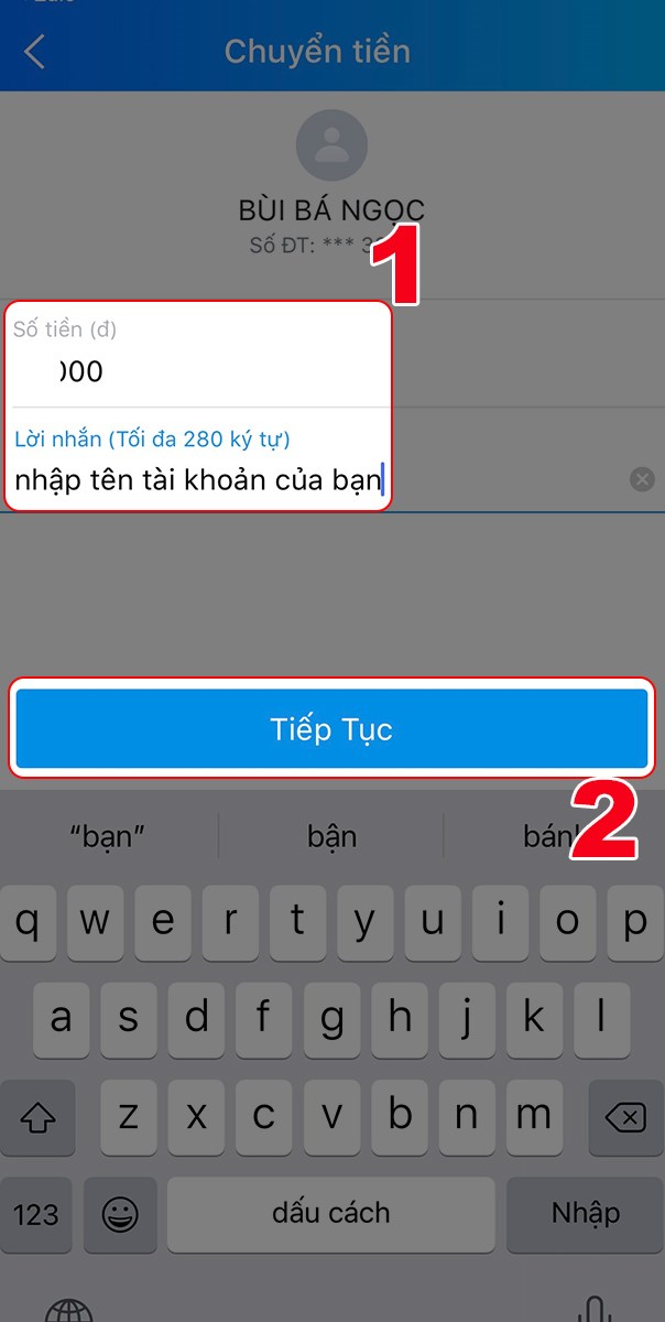 Nhập số tiền v&agrave; t&agrave;i khoản