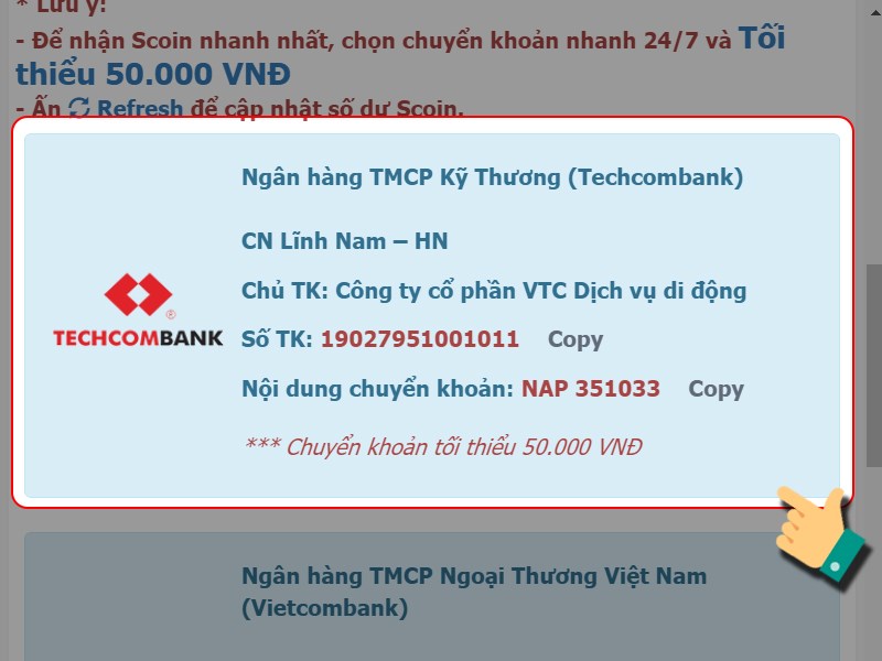 Chọn tải khoản của VTC Mobile