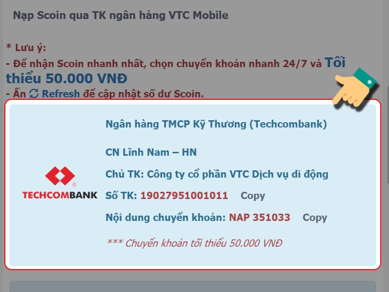 Chọn tài khoản ngân hàng của VTC Mobile