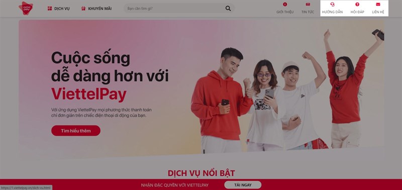 Hỗ trợ trực tuyến trên trang chủ ViettelPay
