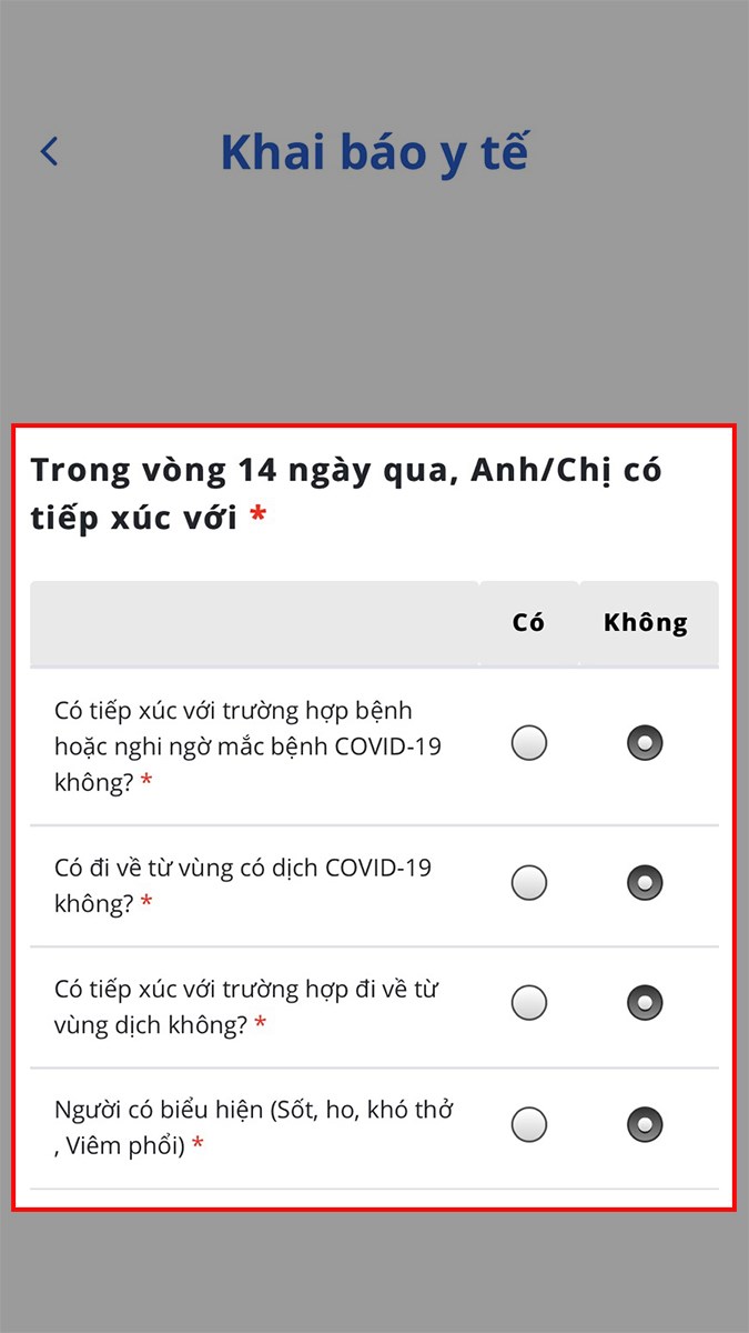 Nhấn dấu vào ô Có hoặc Không với các trường hợp tương ứng