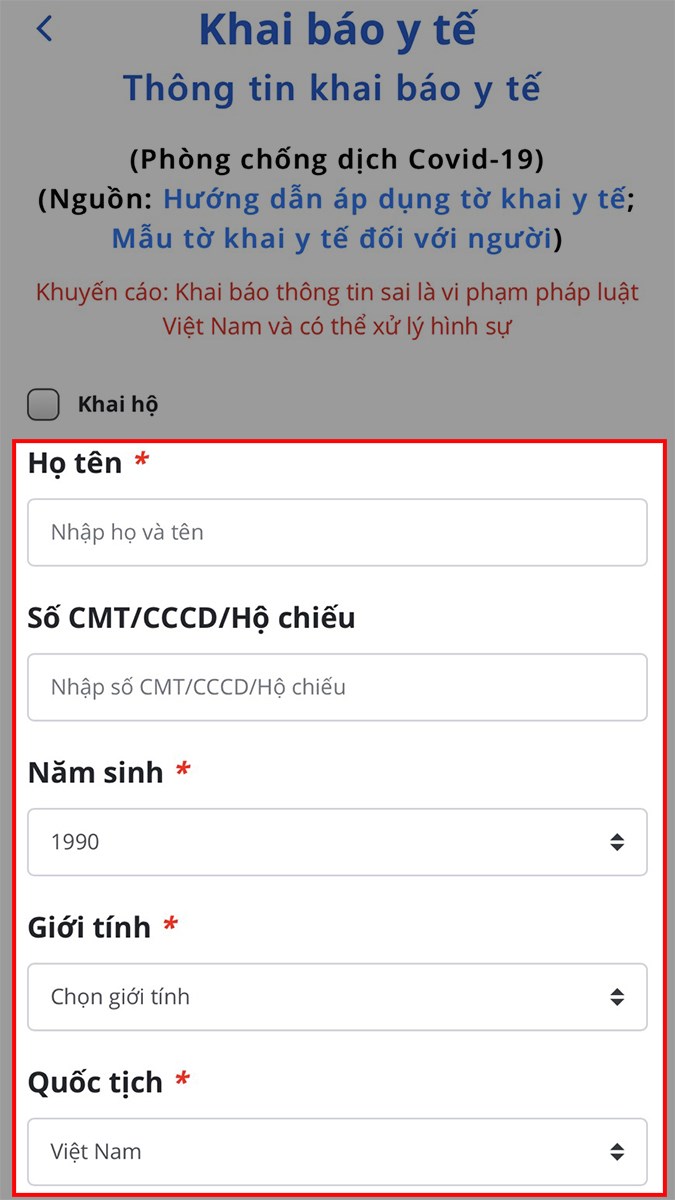 Điền các thông tin cá nhân