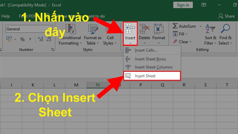 Đi đến mục Cells > Nhấn vào Insert > Chọn Insert Sheet để thêm sheet mới trong Excel