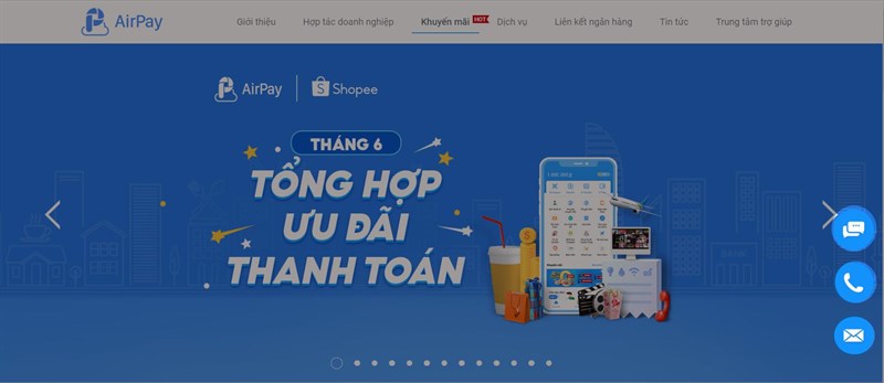 Các hỗ trợ trên trang chủ AirPay