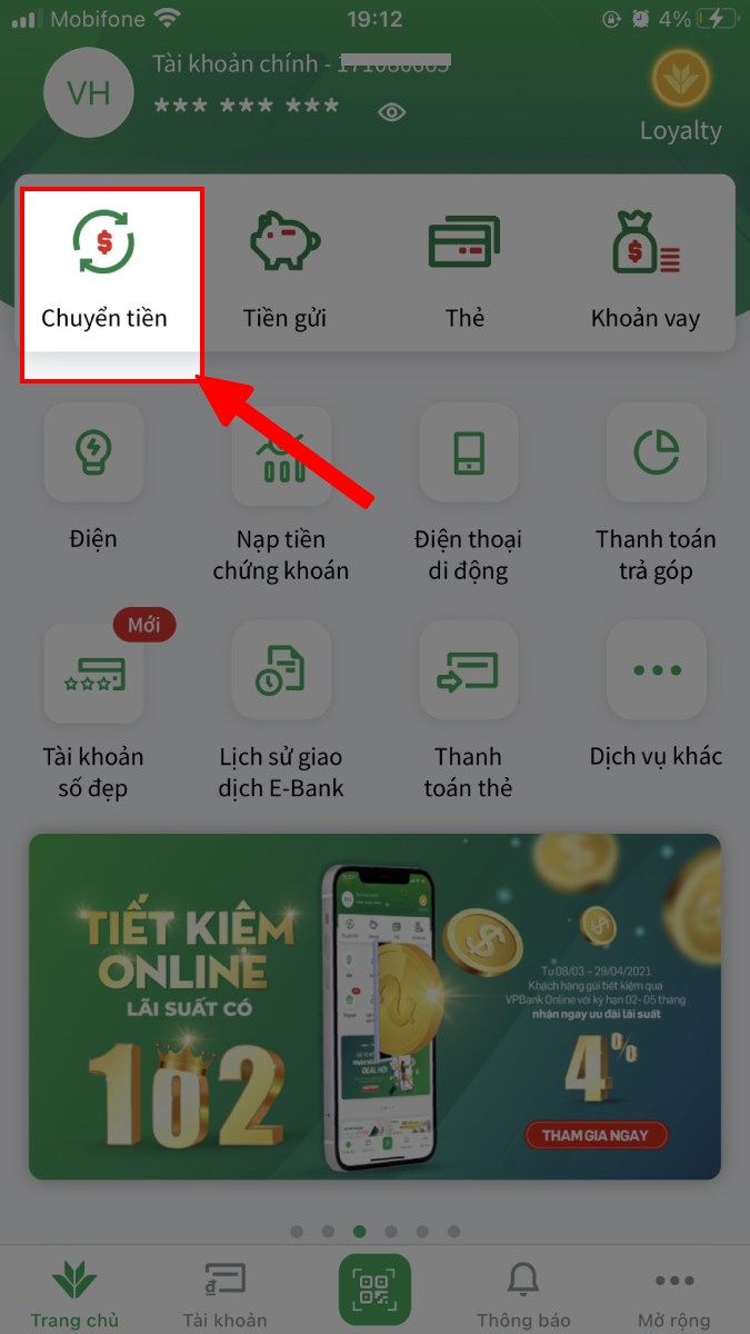 Nhấn v&agrave;o mục Chuyển tiền