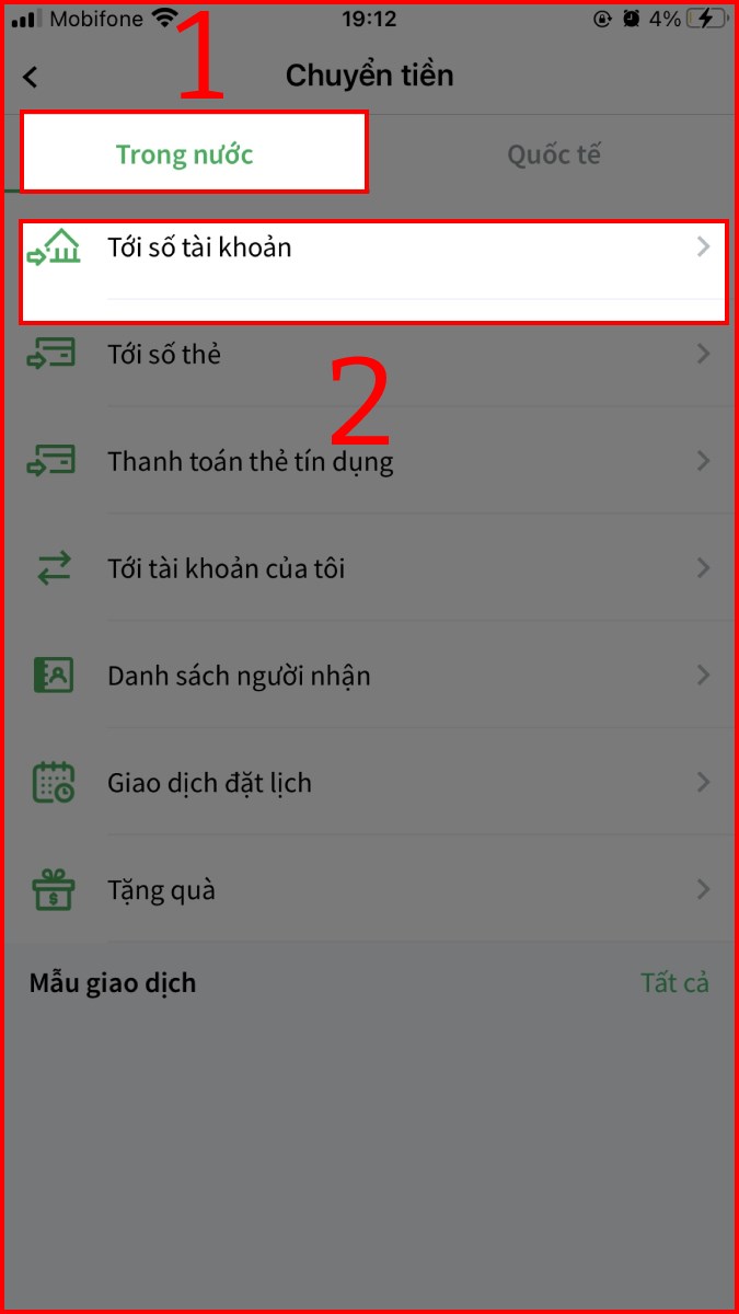 Nhấn v&agrave;o mục Trong nước v&agrave; Tới số t&agrave;i khoản