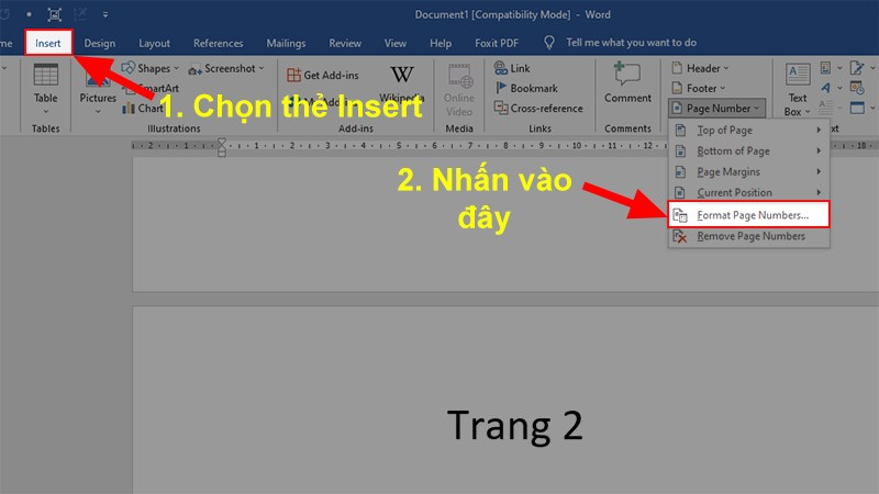 Chọn thẻ Insert > Đi đến mục Header & Footer > Chọn Page Numbers > Chọn Format Page Number