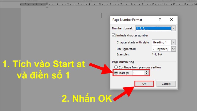 Ở hộp thoại xuất hiện > Chọn mục Start at > Nhập giá trị 1 > Chọn OK