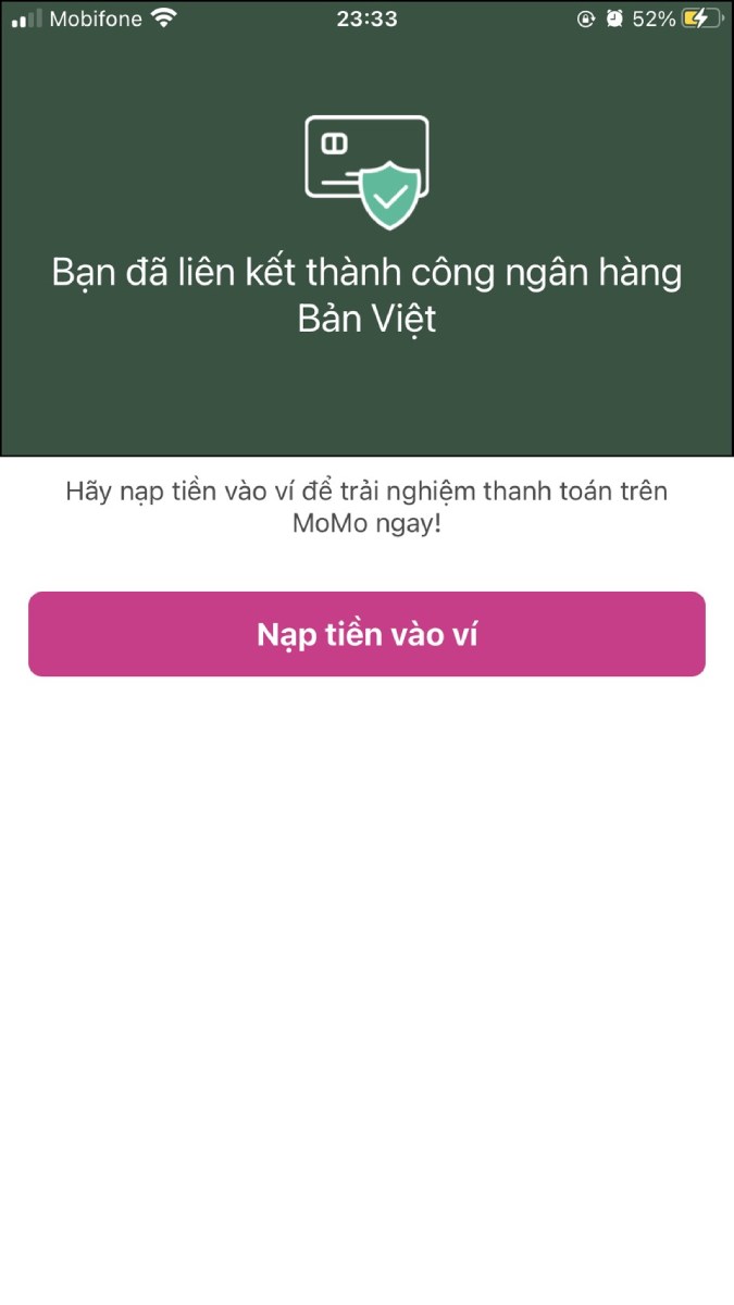 Thông báo liên kết thành công với ngân hàng Bản Việt