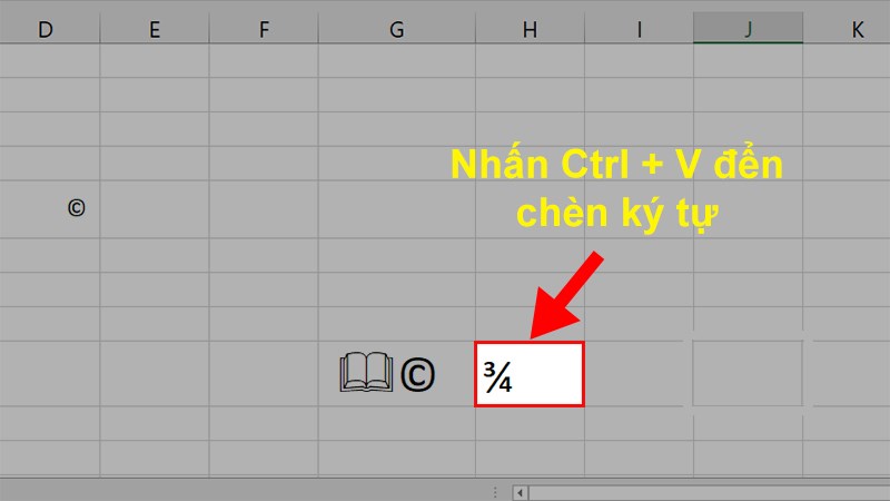 Vào file Excel > Đi đến vị trí muốn chèn ký tự > Nhấn Ctrl + V để chèn ký tự vừa copy bên Character Map
