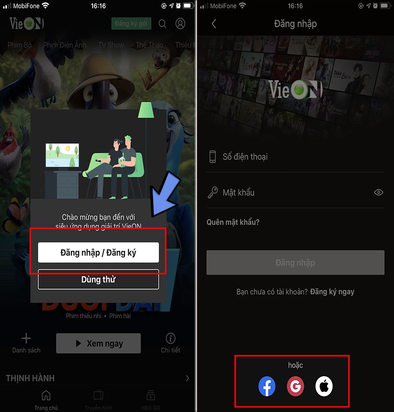 Chọn Đăng ký/Đăng nhập > Tiến hành đăng nhập Chọn Đăng ký/Đăng nhập > Tiến hành đăng nhập