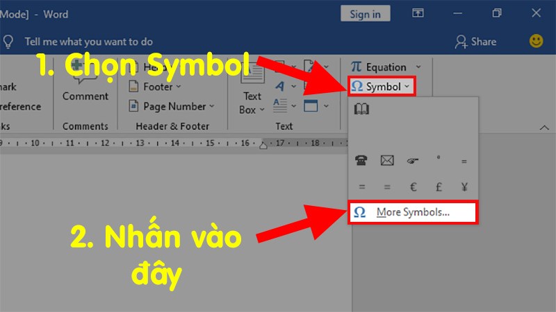 Đi đến mục Symbols > Chọn Symbol&nbsp;> Chọn More Symbols...