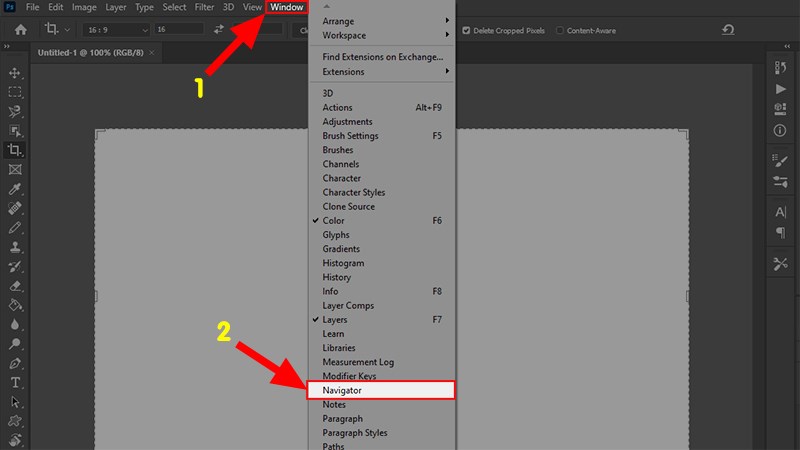 Trong giao diện Photoshop chọn mục Window >&nbsp;Chọn mục Navigator.