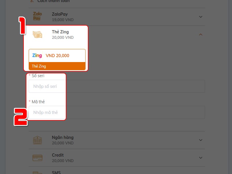 Chọn phương thức thanh toán, điền mã thẻ