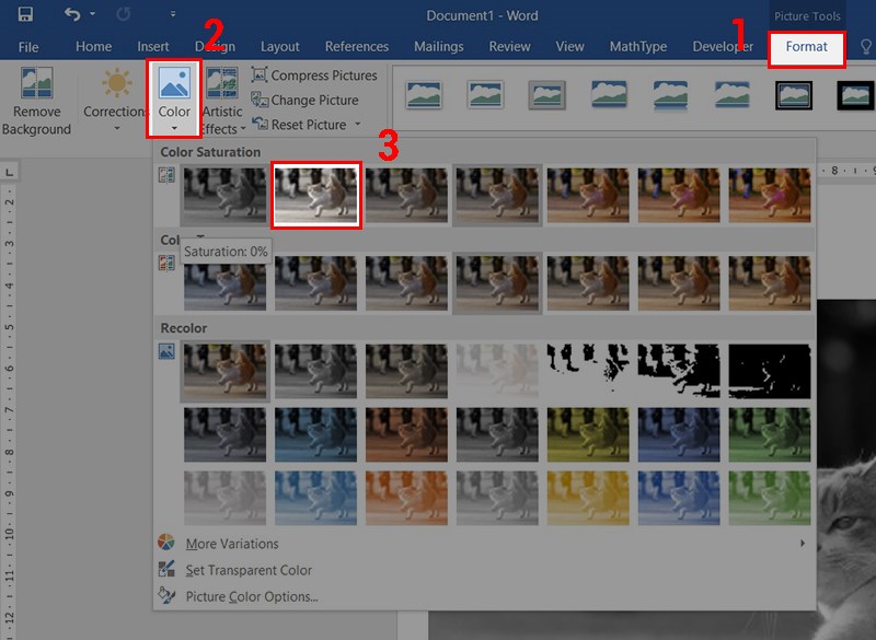 Tiếp theo tại mục Format bạn hãy chọn vào Color và chọn&nbsp;độ mờ mà bạn muốn.&nbsp;