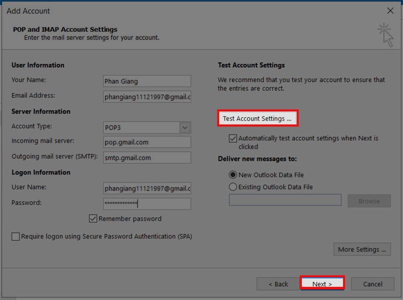 Chọn test Account setting và chọn Next >