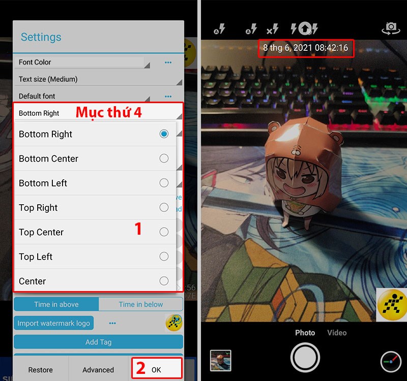 Mục thứ 4 chỉnh vị trí hiển thị ngày giờ. Mục thứ 4 chỉnh vị trí hiển thị ngày giờ.