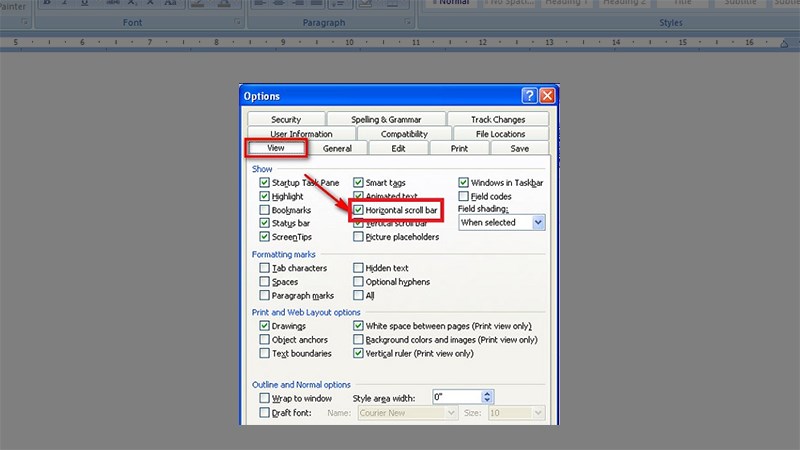 Nhấn vào mục View > Tích chọn hai mục Horizontal scroll bar và Vertical scroll bar để hiện lại thanh cuộn