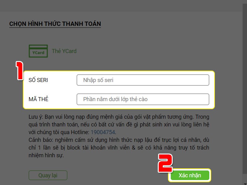 Điền mã thẻ thanh toán