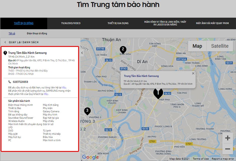 Thông tin chi tiết của trung tâm bảo hành