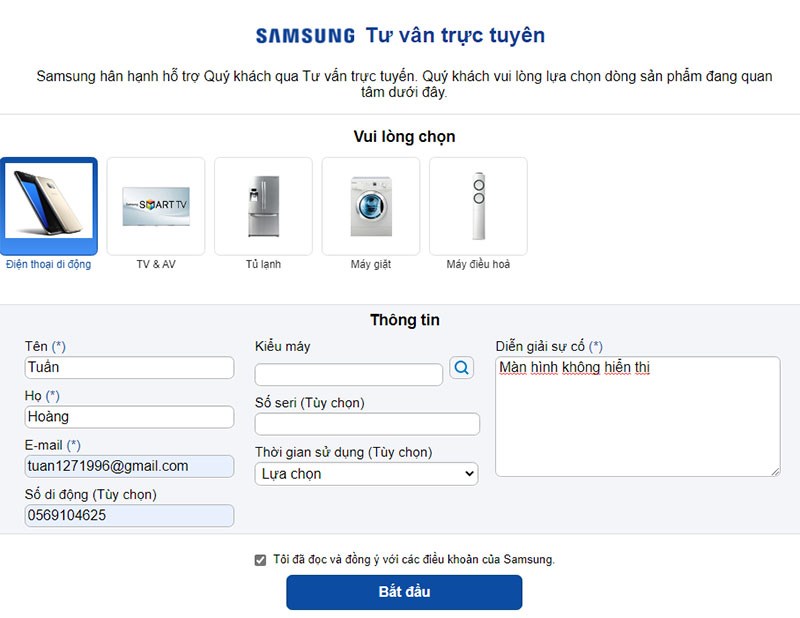 Tư vấn trực tuyến Samsung