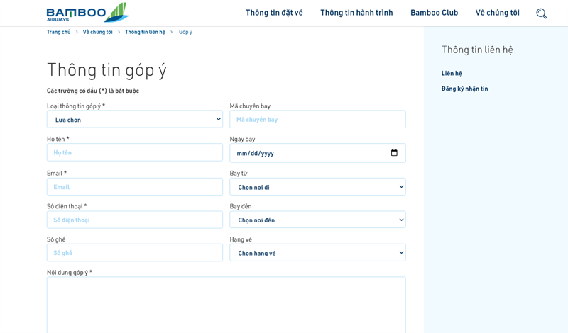 Góp ý trên trang chủ Bamboo Airways