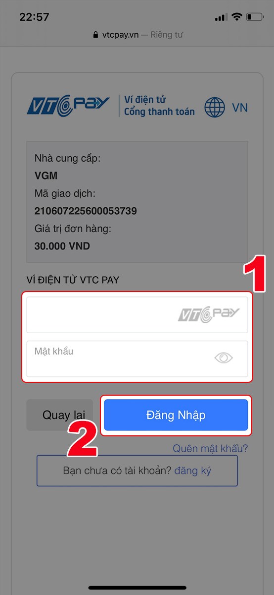 Điền thông tin đăng nhập ví VTCPay