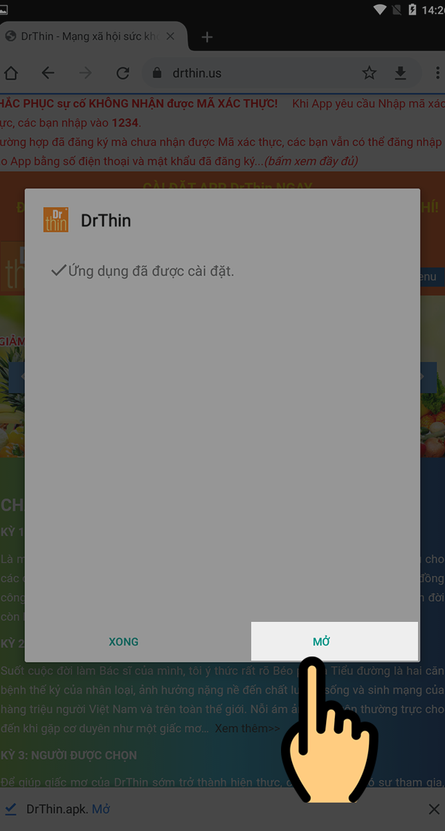 Nhấn Mở để v&agrave;o ứng dụng