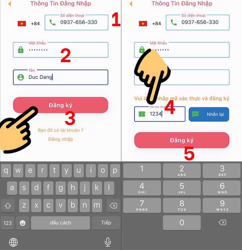 Điền OTP l&agrave; 1234