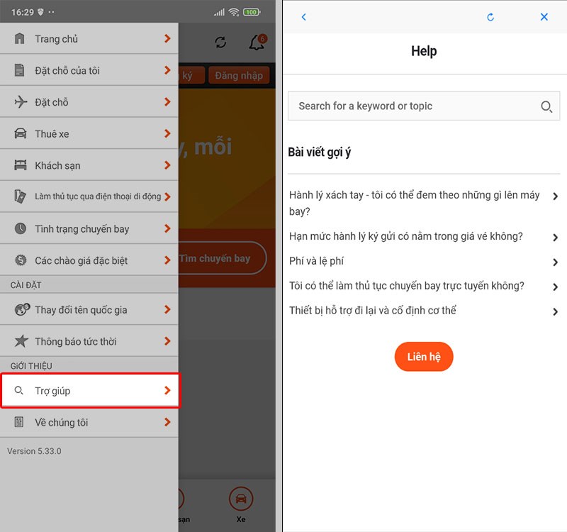 Trợ giúp trên ứng dụng Jetstar