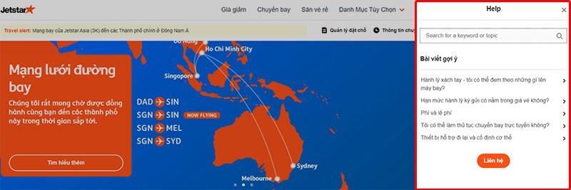 Trợ giúp trên trang chủ Jetstar