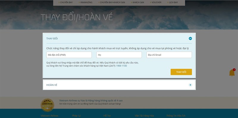 Yêu cầu thay đổi và hoàn vé Vietnam Airlines