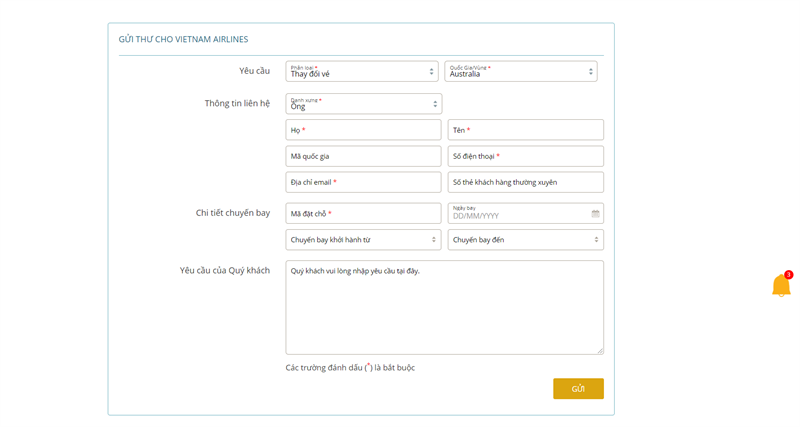 Gửi thư yêu cầu hỗ trợ trên trang chủ Vietnam Airlines