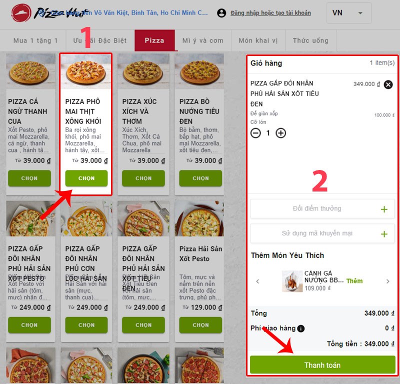 Chọn món ăn, kiểm tra món ăn tại Giỏ hàng. Sau đó nhấn Thanh toán.