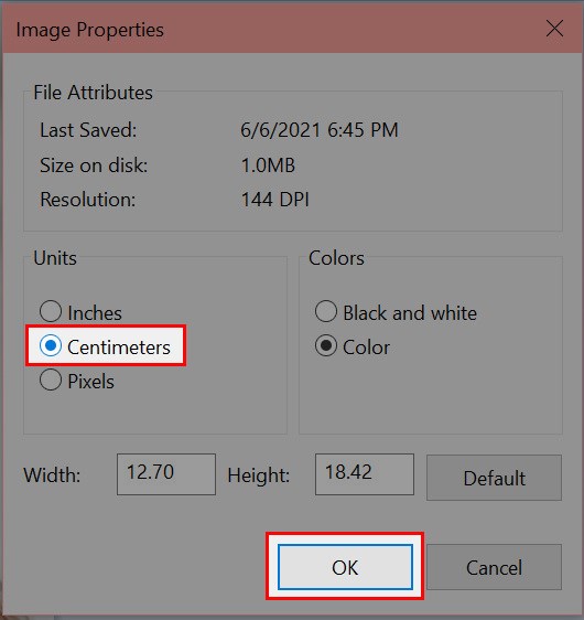 Tại mục Image Properties, chọn Centimeters để đổi đơn vị trên thước thành cm > Nhấn OK