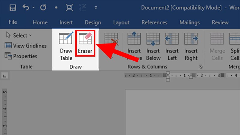 Đi đến mục Draw > Chọn Eraser để lấy cục tẩy trong Word
