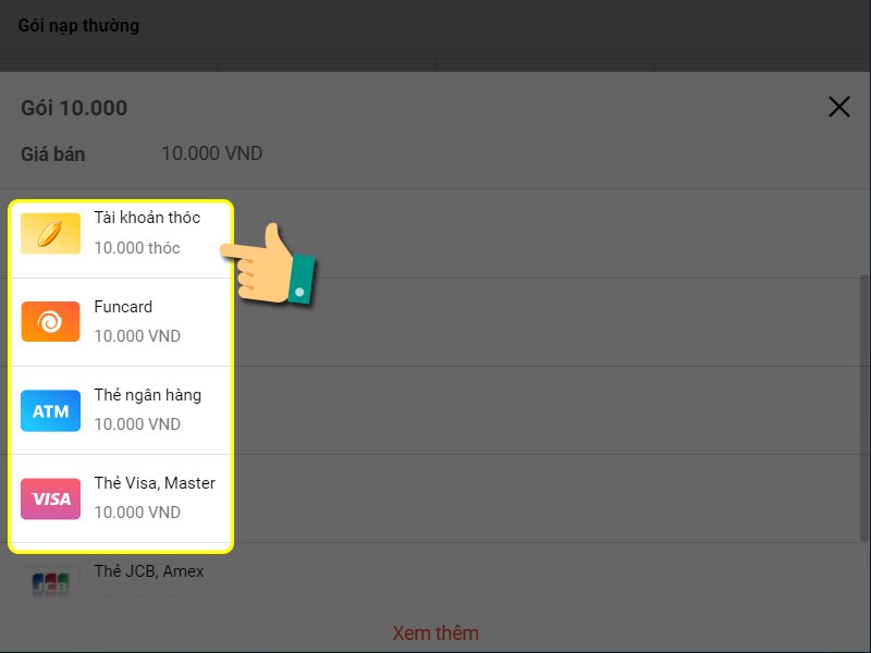 Chọn phương thức nạp