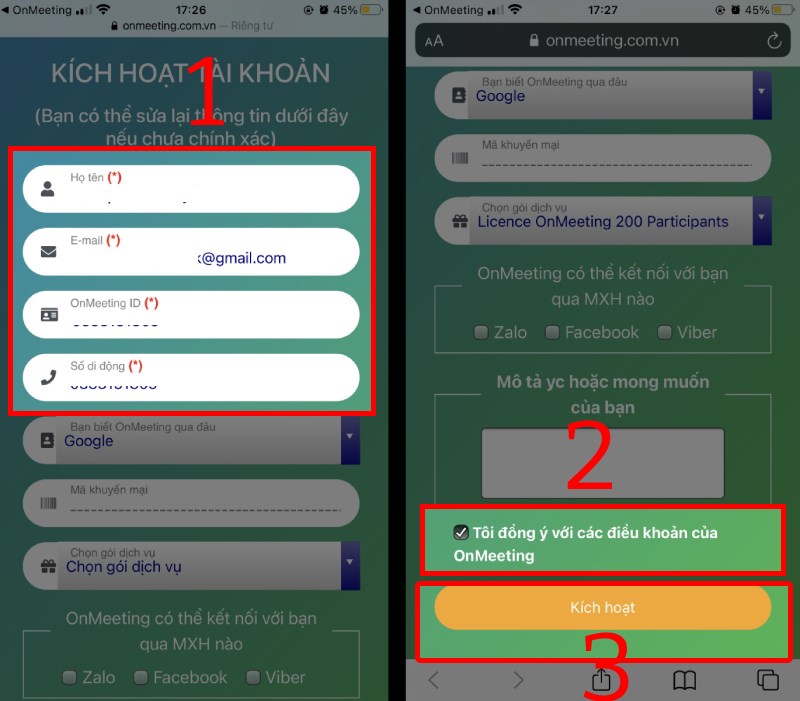 Nhập Họ t&ecirc;n, Email, OnMeeting ID, Số di động, tick v&agrave;o T&ocirc;i đồng &yacute;... v&agrave; nhấn K&iacute;ch hoạt