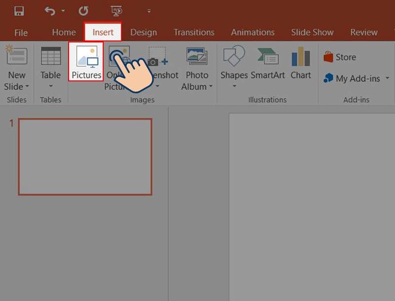 Mở Powerpoint lên, tiếp theo chọn vào Insert và nhấn vào Pictures. 