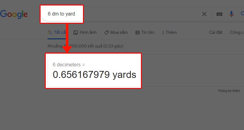 Dùng Google để đổi tấc sang các đơn vị khác