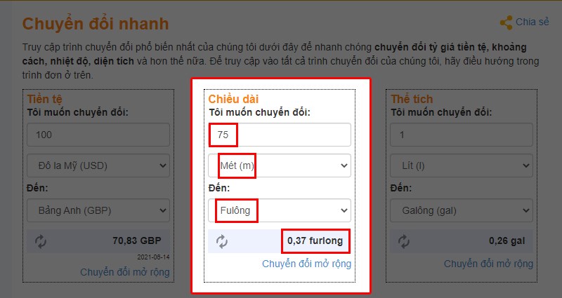 Nhập số và đơn vị chuyển đổi từ bước 1 vào và chờ kết quả