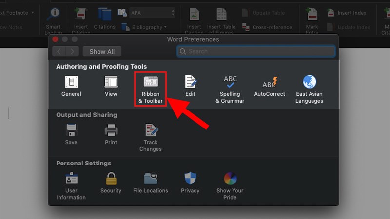 Ở phần Authoring, chọn&nbsp;Ribbon & Toolbar