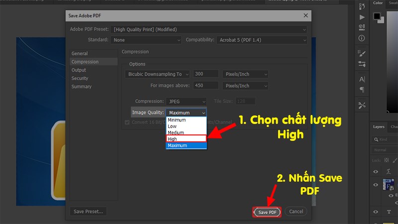 Ở phần Options > Đi đến mục Image Quality > Chọn lựa chọn High thay v&igrave; Maximum > Nhấn Save PDF để lưu v&agrave; giảm bớt dung lượng file