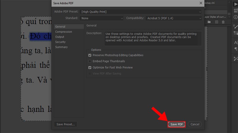 Ở hộp thoại hiện ra >&nbsp;Nhấn Save PDF để lưu file Photoshop dưới dạng PDF