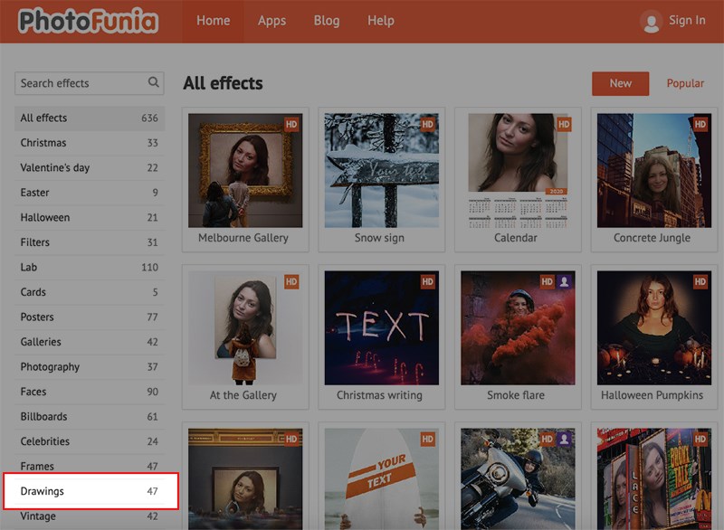 Truy cập vào trang web PhotoFunia > Chọn Drawings