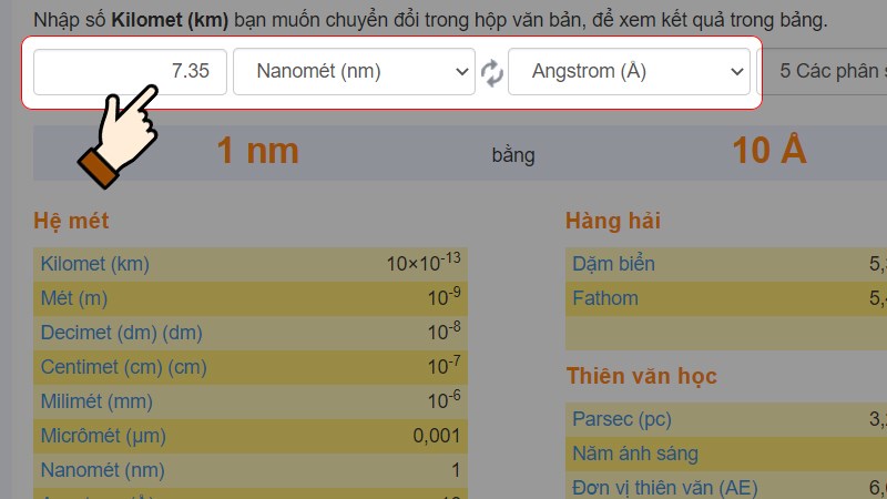 Nhập số lượng muốn chuyển > Chọn đơn vị là Nanomet (nm)