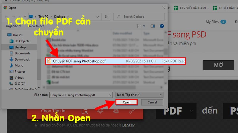 Chọn file PDF cần chuyển đổi > Nhấn Open